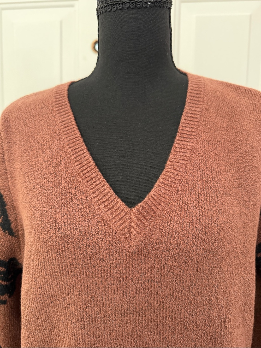 J. Jill Rust V-Neck Sweater with Black Patterned Sleeves - Picture 3 of 8